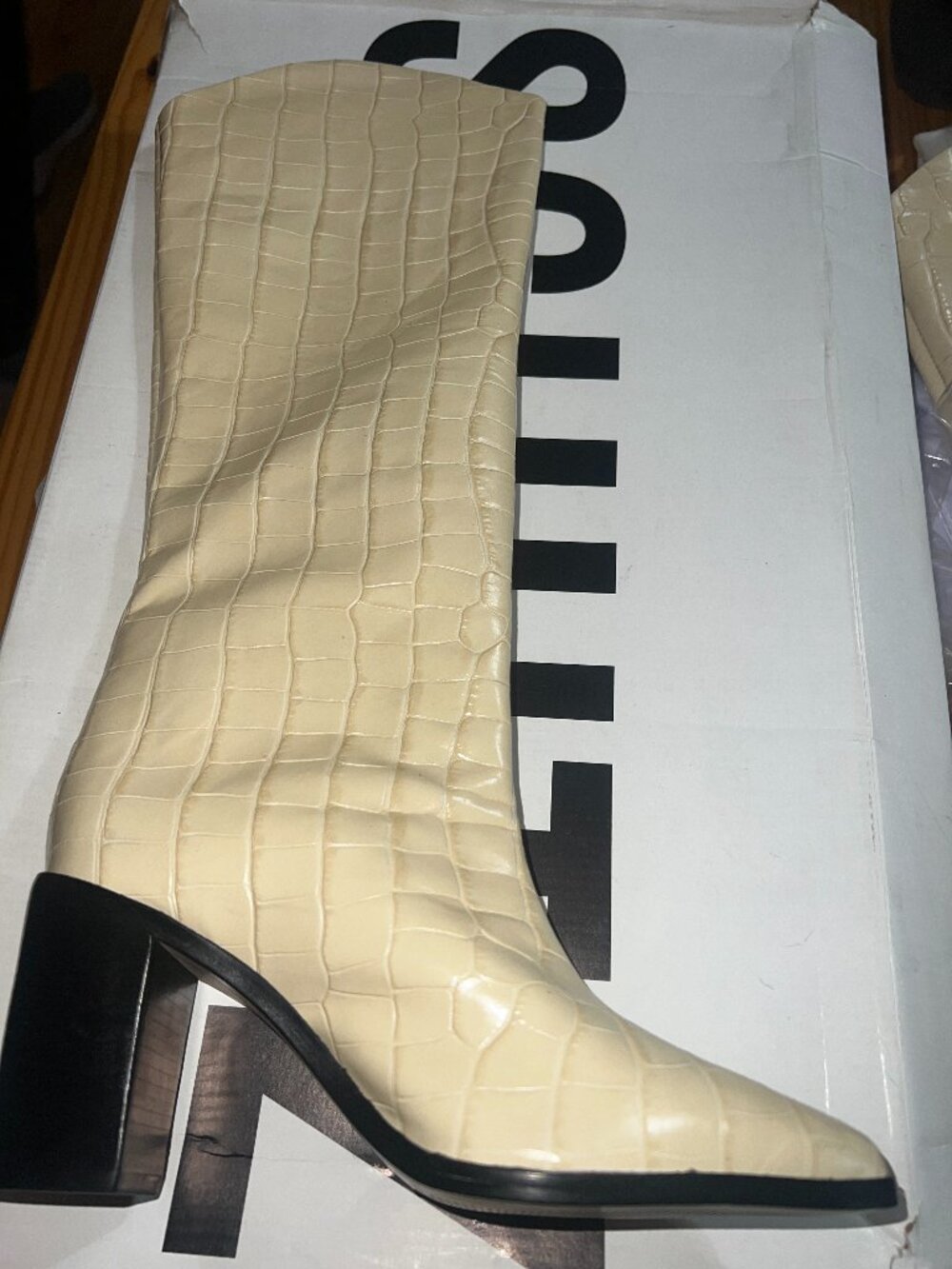 NIB Schutz Analeah Croc-Embossed Leather Knee-High Boots Eggshell Size 6